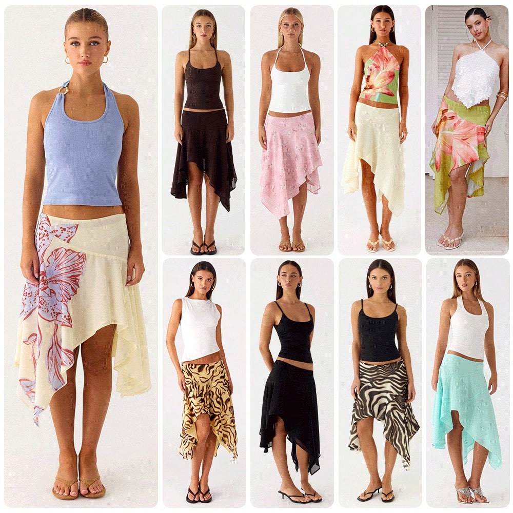 Asymmetrical Chiffon Midi Skirts, Floral/Animal Print Flowy Handkerchief Hem Skirts, Casual Summer Beach Cover Up