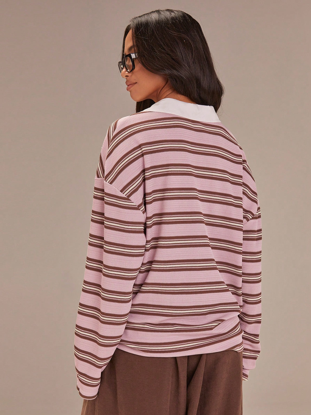 Athîral Women's Light Pink Striped Polo Shirt,Collared Long-Sleeved Knit Top,Loose Fit,Preppy Style,Autumn Casual School Back-To-School Valentine's Day Top