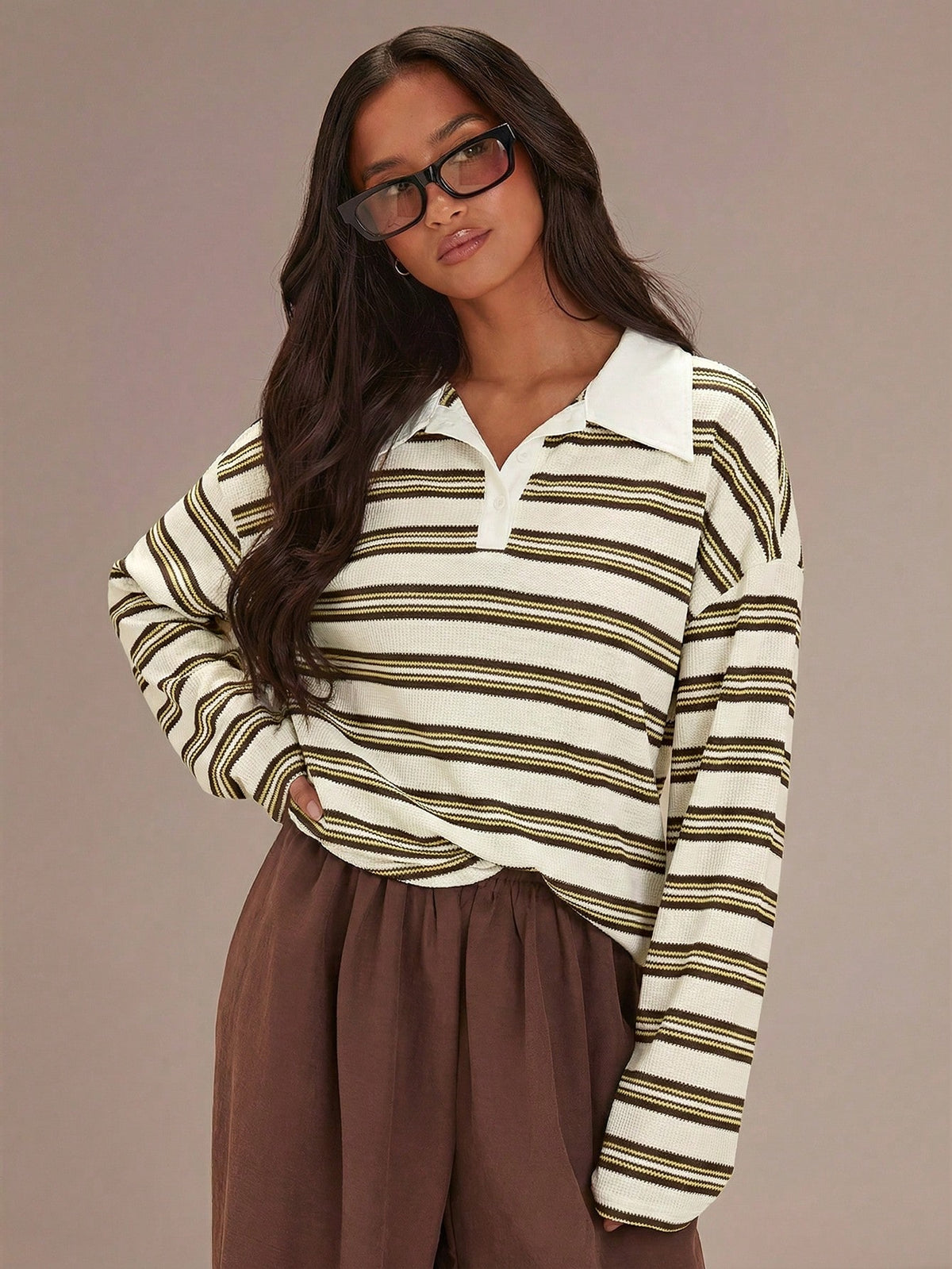 Athîral Women's Light Pink Striped Polo Shirt,Collared Long-Sleeved Knit Top,Loose Fit,Preppy Style,Autumn Casual School Back-To-School Valentine's Day Top