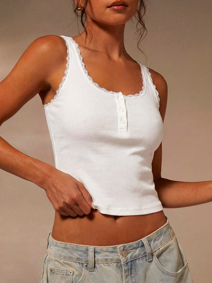 Athîral Women's Summer Casual All White Sleeveless Vest,Lace Low Round Neck Button Decorative Top,Soft Elastic Knitted Fabric Everyday Versatile Item
