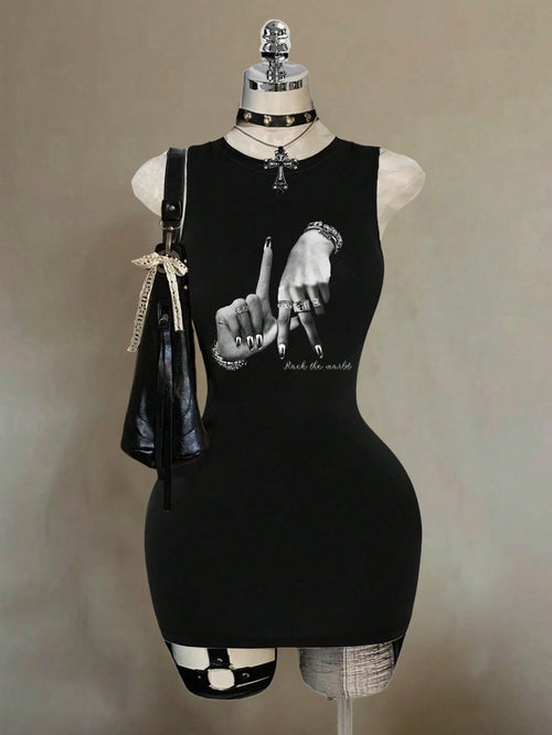 Attitoon Black And White Summer Punk Club Night Hand Gesture Hip Hop Print Sleeveless Bodycon Dress For Women,Y2K Streetwear Chic Hip Hop Casual Mini Dress
