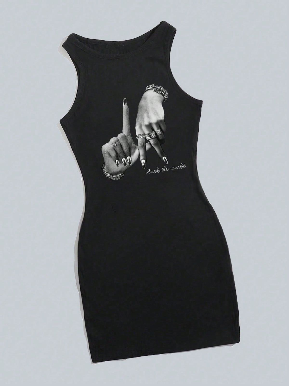 Attitoon Black And White Summer Punk Club Night Hand Gesture Hip Hop Print Sleeveless Bodycon Dress For Women,Y2K Streetwear Chic Hip Hop Casual Mini Dress