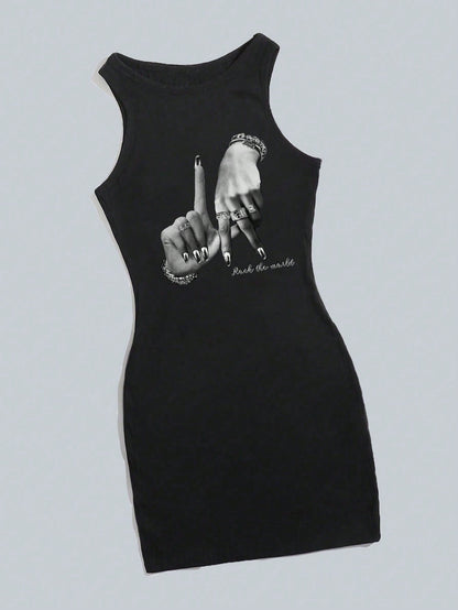 Attitoon Black And White Summer Punk Club Night Hand Gesture Hip Hop Print Sleeveless Bodycon Dress For Women,Y2K Streetwear Chic Hip Hop Casual Mini Dress