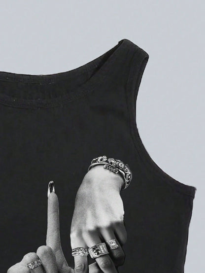 Attitoon Black And White Summer Punk Club Night Hand Gesture Hip Hop Print Sleeveless Bodycon Dress For Women,Y2K Streetwear Chic Hip Hop Casual Mini Dress