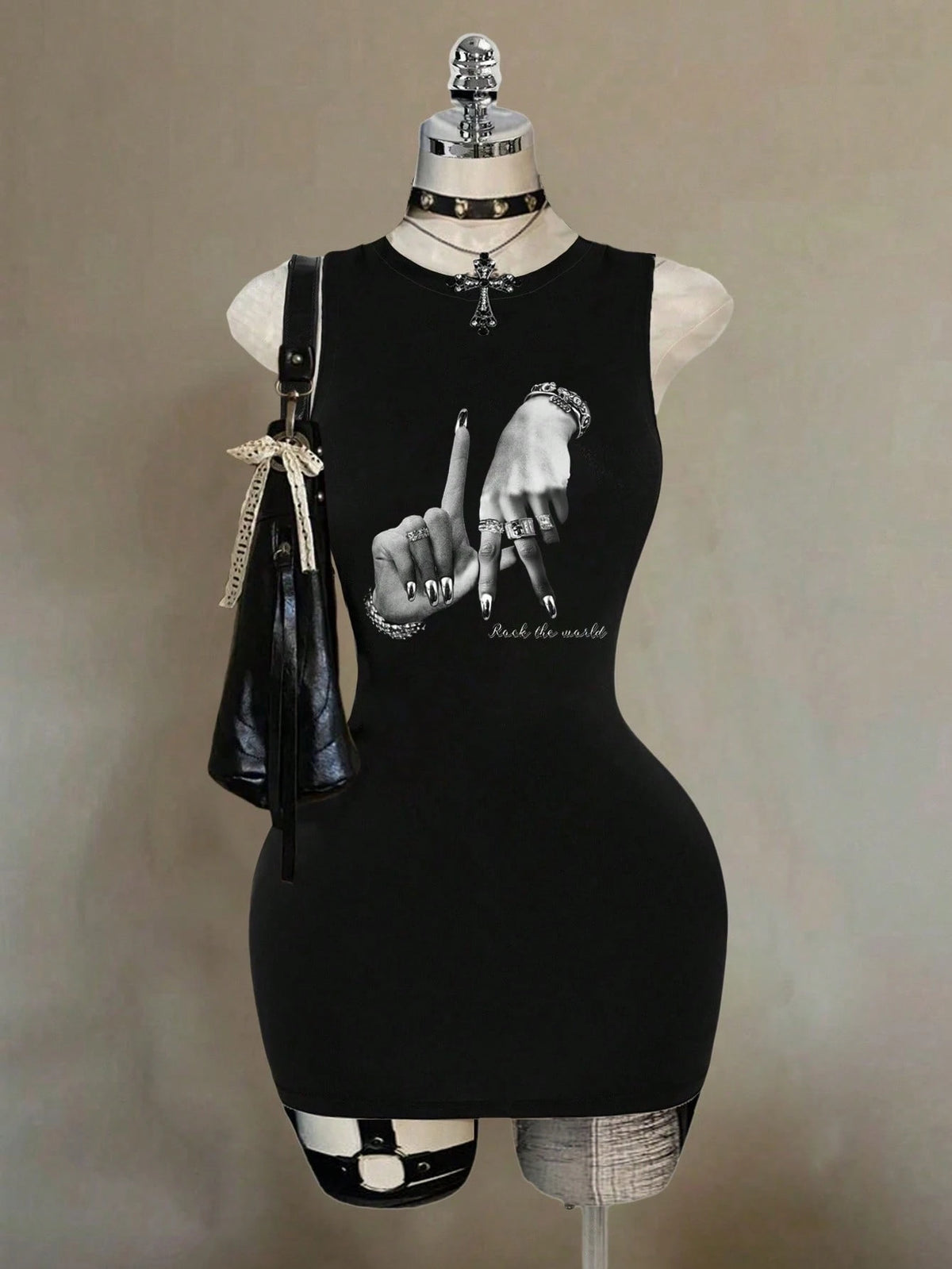 Attitoon Black And White Summer Punk Club Night Hand Gesture Hip Hop Print Sleeveless Bodycon Dress For Women,Y2K Streetwear Chic Hip Hop Casual Mini Dress