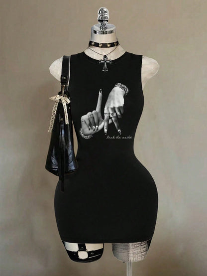 Attitoon Black And White Summer Punk Club Night Hand Gesture Hip Hop Print Sleeveless Bodycon Dress For Women,Y2K Streetwear Chic Hip Hop Casual Mini Dress