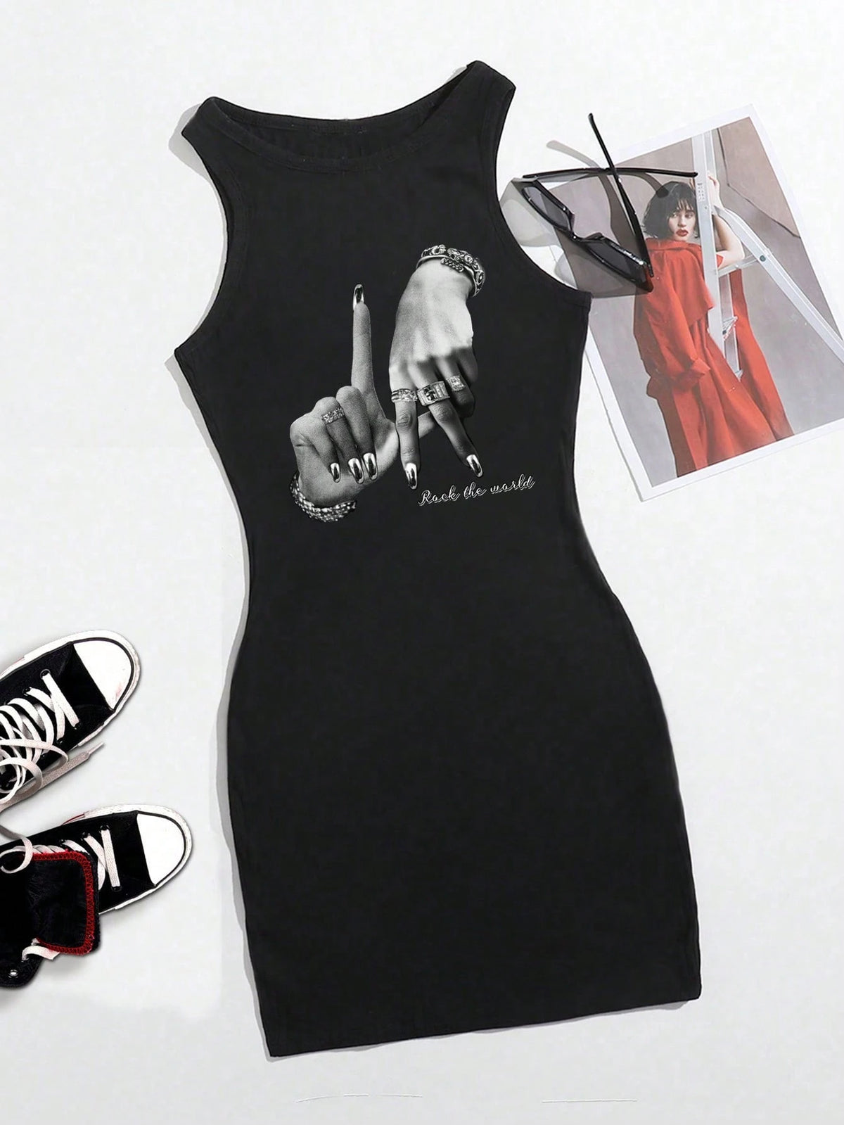 Attitoon Black And White Summer Punk Club Night Hand Gesture Hip Hop Print Sleeveless Bodycon Dress For Women,Y2K Streetwear Chic Hip Hop Casual Mini Dress