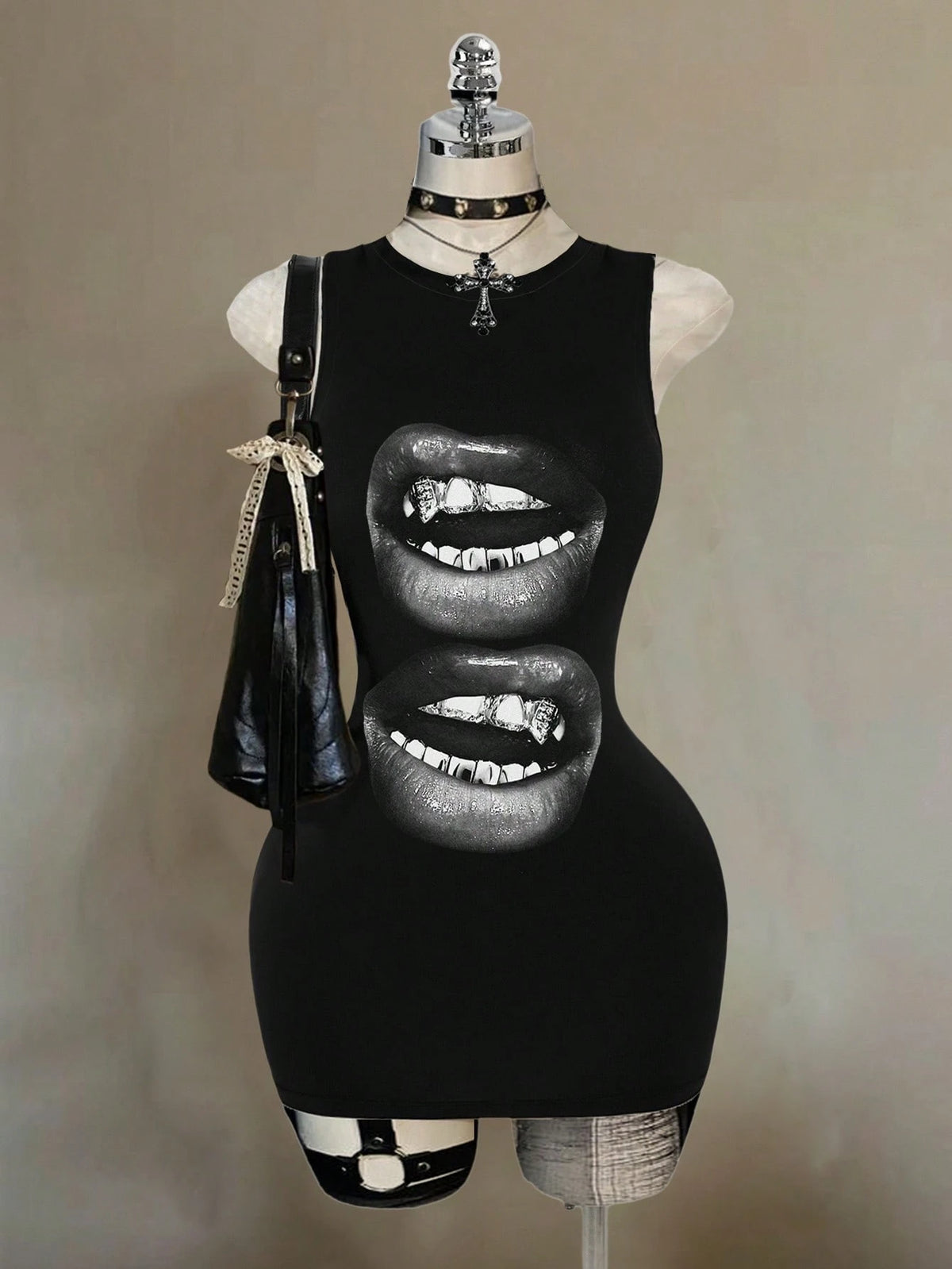 Attitoon Black And White Summer Punk Club Night Hand Gesture Hip Hop Print Sleeveless Bodycon Dress For Women,Y2K Streetwear Chic Hip Hop Casual Mini Dress