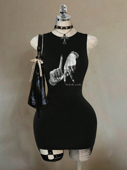 Attitoon Black And White Summer Punk Club Night Hand Gesture Hip Hop Print Sleeveless Bodycon Dress For Women,Y2K Streetwear Chic Hip Hop Casual Mini Dress