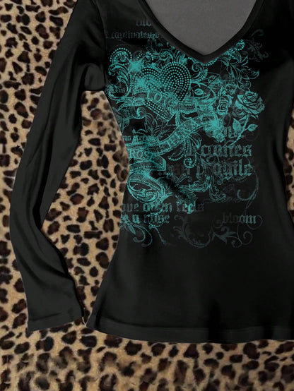 Attitoon Punk Wing,Heart & Cross Pattern V-Neck Long Sleeve T-Shirt,Women's Black Everyday Graphic Grunge Punk Y2k Streetwear Halloween Gothic Autumn Clothing