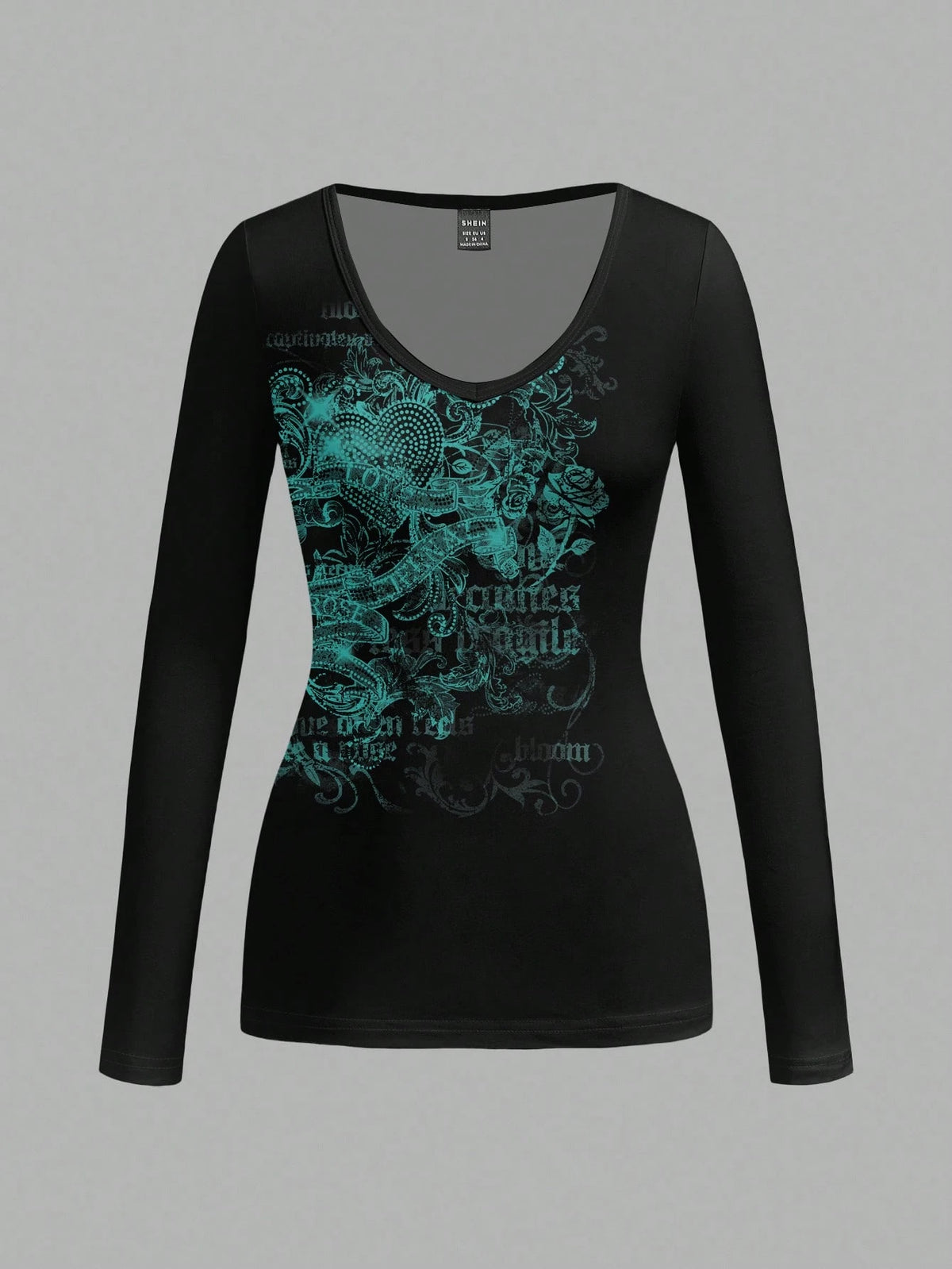 Attitoon Punk Wing,Heart & Cross Pattern V-Neck Long Sleeve T-Shirt,Women's Black Everyday Graphic Grunge Punk Y2k Streetwear Halloween Gothic Autumn Clothing