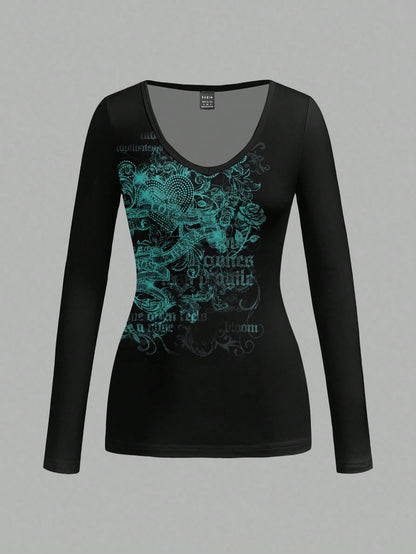 Attitoon Punk Wing,Heart & Cross Pattern V-Neck Long Sleeve T-Shirt,Women's Black Everyday Graphic Grunge Punk Y2k Streetwear Halloween Gothic Autumn Clothing