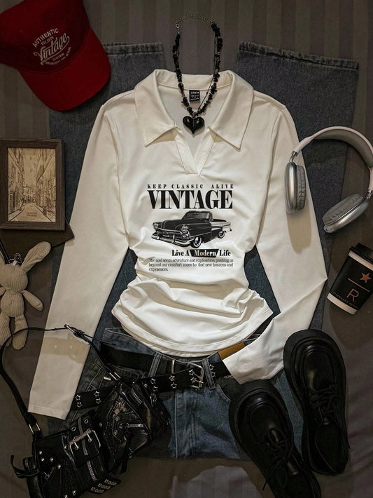 Attitoon Women's Vintage Car Print Collared Long Sleeve T-Shirt,Black N White,Autumn,School,Back-To-School,Preppy Y2K Graphic Music Festival Versatile Top