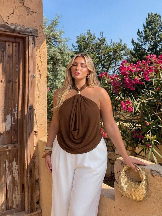 Auralis New Halter Neck Style With Metal Buckle Decoration, Exquisite And Elegant, Loose-Fitting Draped Neck, Loose Pockets, Brown Plus Size Women's Top