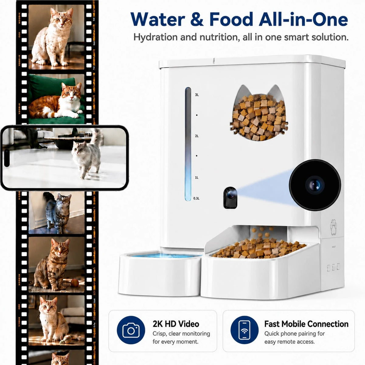 Automatic Cat Feeder With Camera 2K HD Video And36Cups/8.5L & Gravity Water2-In-1 Set Large Capacity 5LFood Feeder 3.5L Water Fountain For CatsPets Small DogsPuppies Kittens Summervibespetlovers