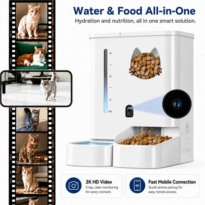 Automatic Cat Feeder With Camera 2K HD Video And36Cups/8.5L & Gravity Water2-In-1 Set Large Capacity 5LFood Feeder 3.5L Water Fountain For CatsPets Small DogsPuppies Kittens Summervibespetlovers