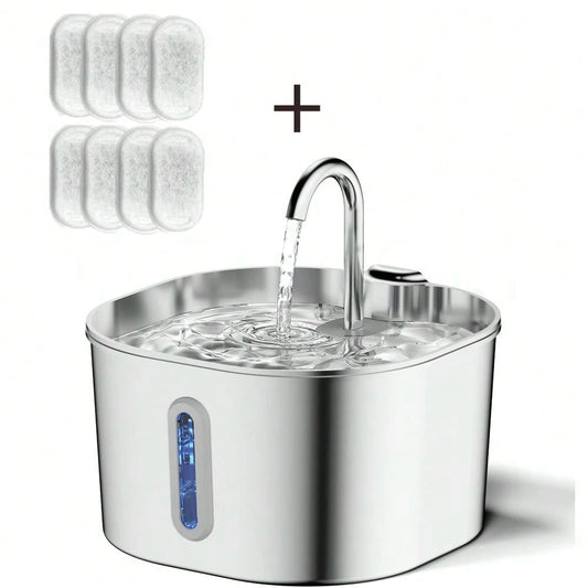 Automatic Cat Water Fountain With 8 Replaceable Filter Chips, Stainless Steel Pet Water Fountain, USB Plug-In Dog Water Fountain, Suitable For Small And Medium-Sized Pet Automatic Water Fountains, The