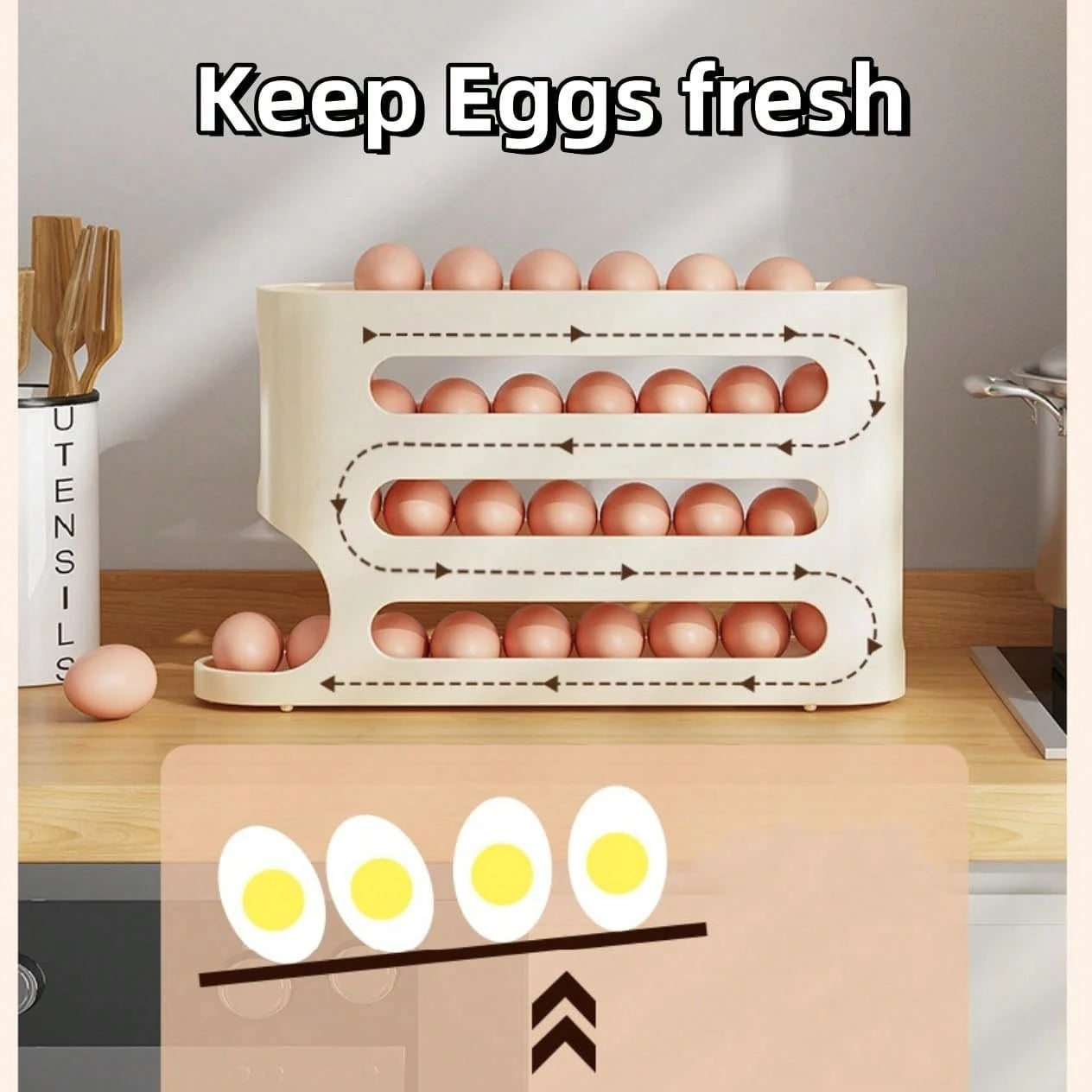 Automatic Rolling Egg Dispenser Organizer For Refrigerator, 4-Tier Space-Saving Egg Holder Tray, Holds 28 Eggs, Durable Plastic Egg Storage Rack For Fridge, Counter, Kitchen Cabinet