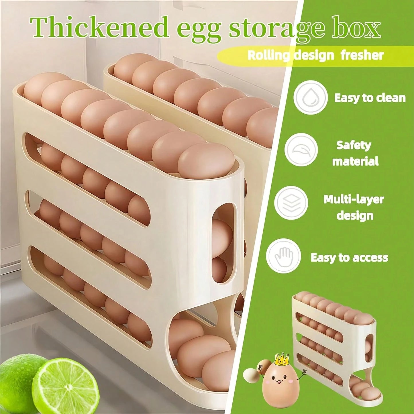 Automatic Rolling Egg Dispenser Organizer For Refrigerator, 4-Tier Space-Saving Egg Holder Tray, Holds 28 Eggs, Durable Plastic Egg Storage Rack For Fridge, Counter, Kitchen Cabinet