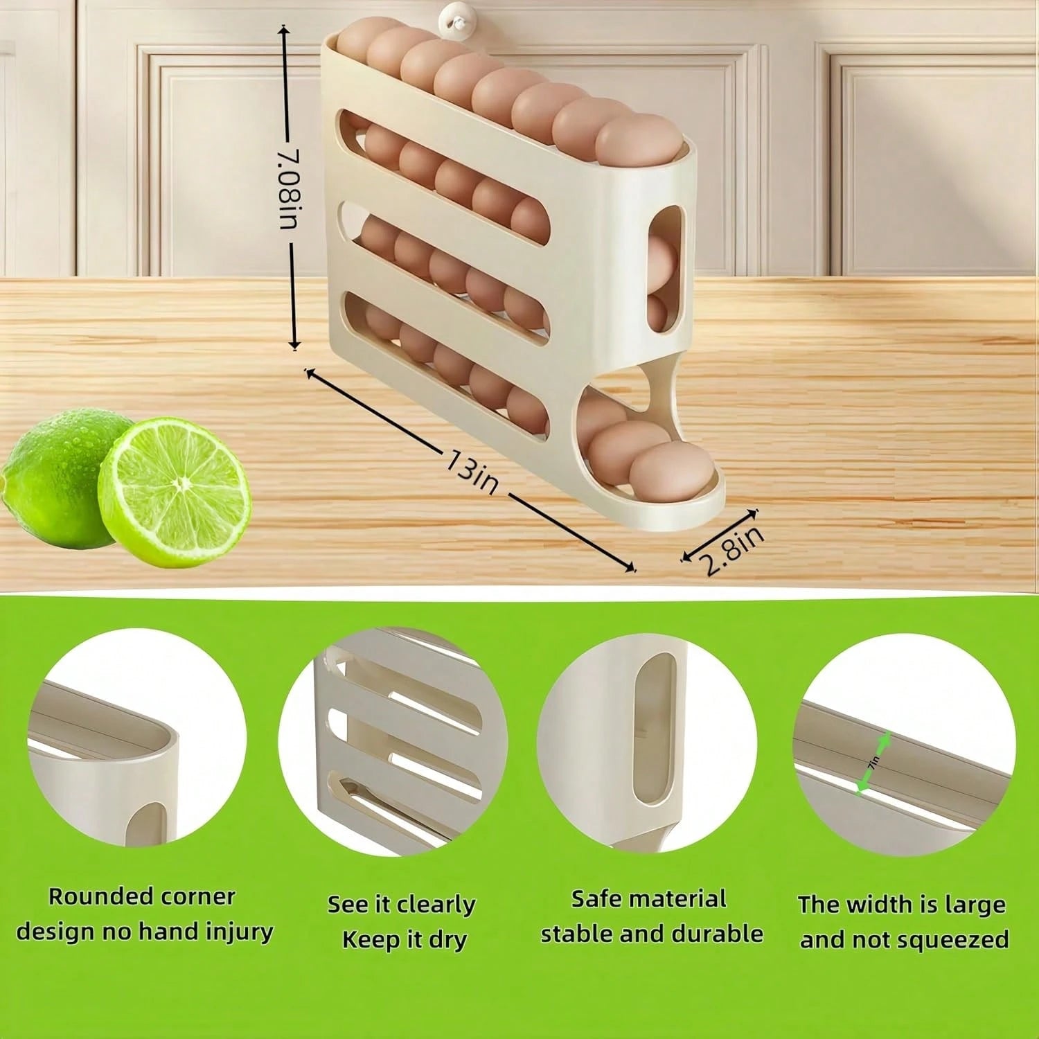 Automatic Rolling Egg Dispenser Organizer For Refrigerator, 4-Tier Space-Saving Egg Holder Tray, Holds 28 Eggs, Durable Plastic Egg Storage Rack For Fridge, Counter, Kitchen Cabinet