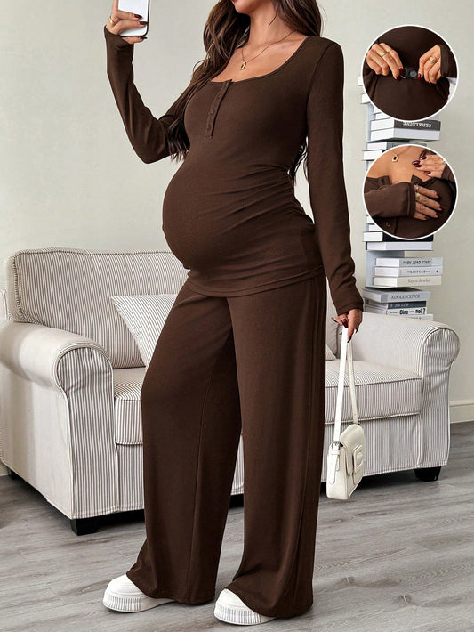 Autumn And Winter 2pcs Maternity Casual Solid Color Top Pants Nursing Set, Brown Dress Jumpsuits For Woman Pregnancy Clothes 2 Piece Two Suits Fall