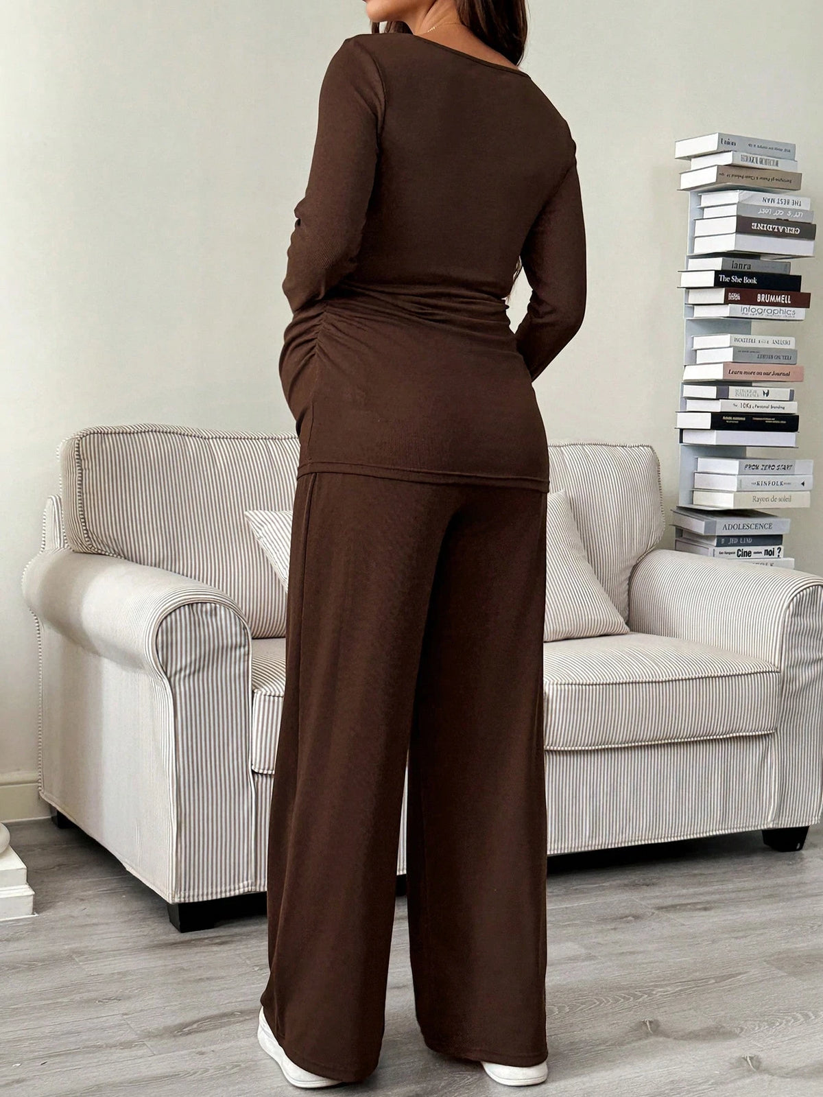 Autumn And Winter 2pcs Maternity Casual Solid Color Top Pants Nursing Set, Brown Dress Jumpsuits For Woman Pregnancy Clothes 2 Piece Two Suits Fall