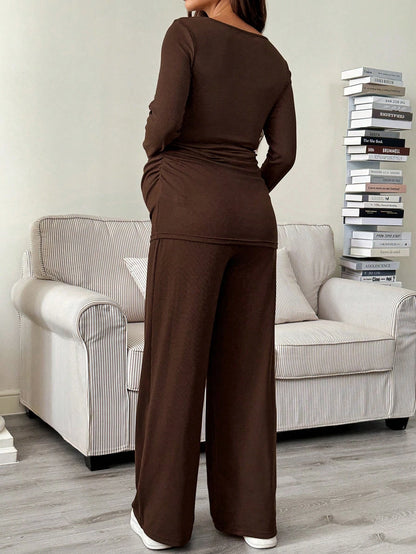 Autumn And Winter 2pcs Maternity Casual Solid Color Top Pants Nursing Set, Brown Dress Jumpsuits For Woman Pregnancy Clothes 2 Piece Two Suits Fall