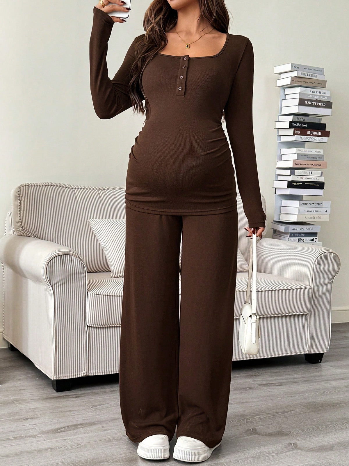 Autumn And Winter 2pcs Maternity Casual Solid Color Top Pants Nursing Set, Brown Dress Jumpsuits For Woman Pregnancy Clothes 2 Piece Two Suits Fall