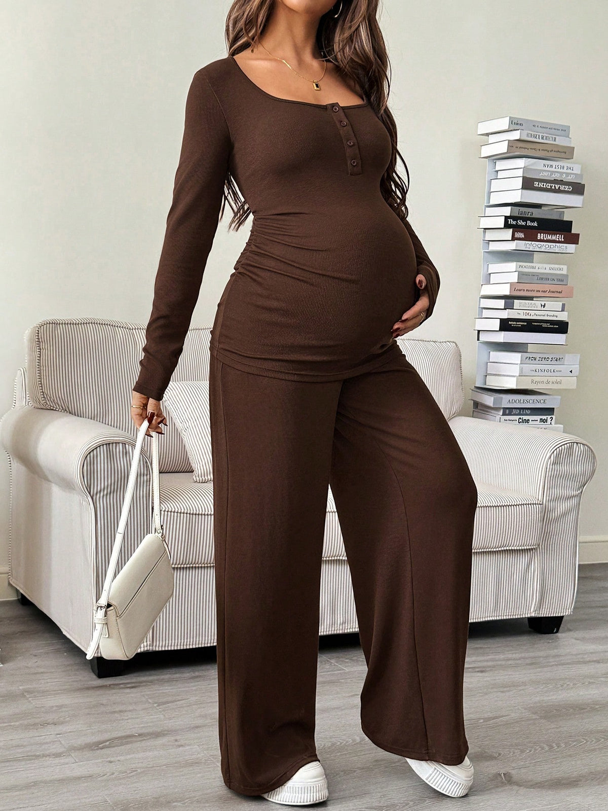 Autumn And Winter 2pcs Maternity Casual Solid Color Top Pants Nursing Set, Brown Dress Jumpsuits For Woman Pregnancy Clothes 2 Piece Two Suits Fall