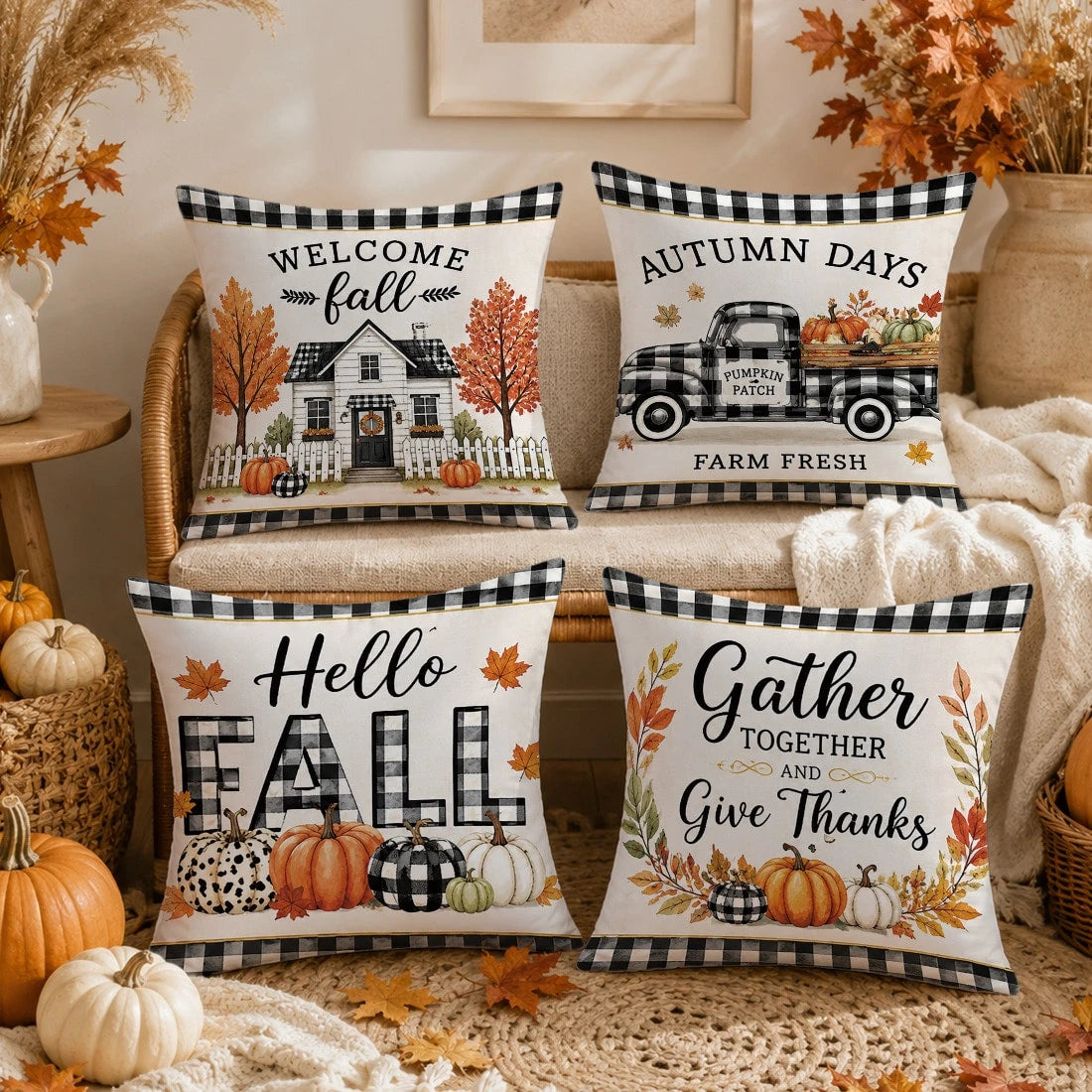 Autumn Black And White Plaid Pumpkin Truck Cabin Cushion Cover 4pcs Set, Single-Sided Printed Peach Skin Velvet Polyester Material, 45*45CM/18*18inch Pillowcase Suitable For Room Decoration, Modern Mi