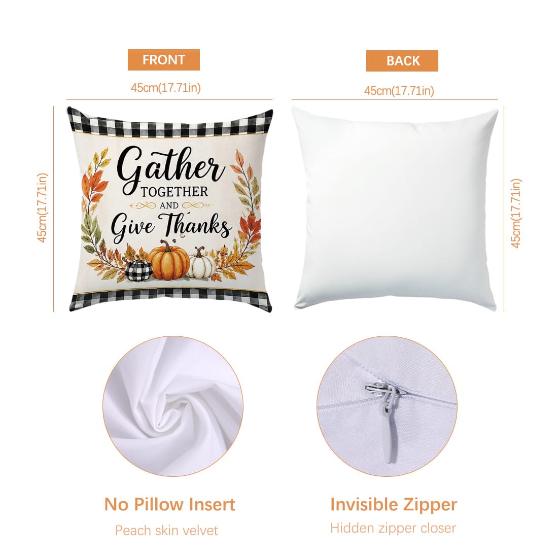 Autumn Black And White Plaid Pumpkin Truck Cabin Cushion Cover 4pcs Set, Single-Sided Printed Peach Skin Velvet Polyester Material, 45*45CM/18*18inch Pillowcase Suitable For Room Decoration, Modern Mi