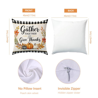 Autumn Black And White Plaid Pumpkin Truck Cabin Cushion Cover 4pcs Set, Single-Sided Printed Peach Skin Velvet Polyester Material, 45*45CM/18*18inch Pillowcase Suitable For Room Decoration, Modern Mi