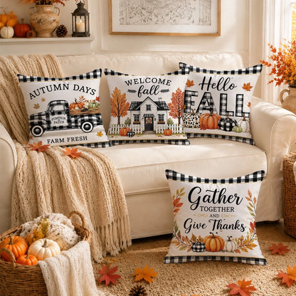 Autumn Black And White Plaid Pumpkin Truck Cabin Cushion Cover 4pcs Set, Single-Sided Printed Peach Skin Velvet Polyester Material, 45*45CM/18*18inch Pillowcase Suitable For Room Decoration, Modern Mi