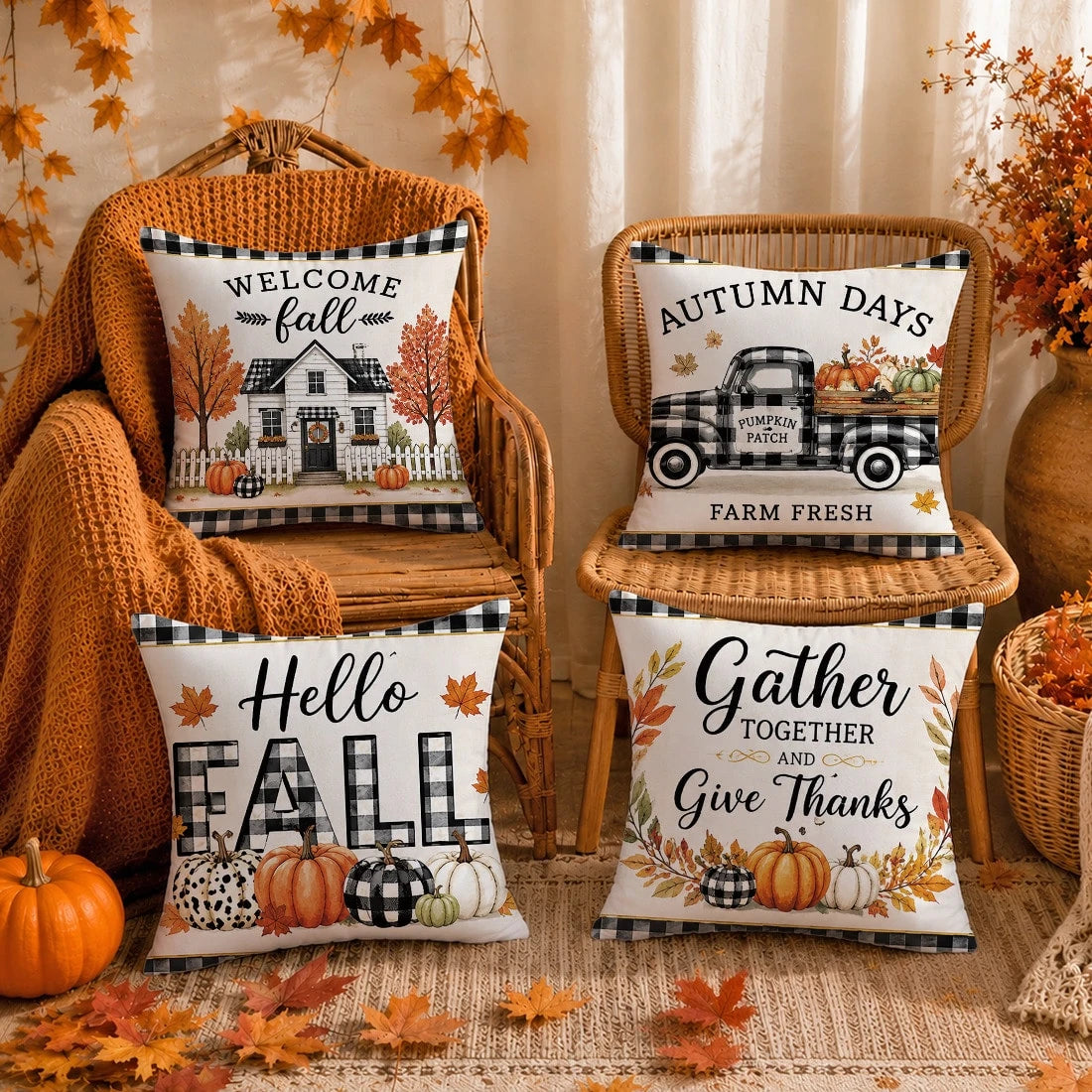 Autumn Black And White Plaid Pumpkin Truck Cabin Cushion Cover 4pcs Set, Single-Sided Printed Peach Skin Velvet Polyester Material, 45*45CM/18*18inch Pillowcase Suitable For Room Decoration, Modern Mi