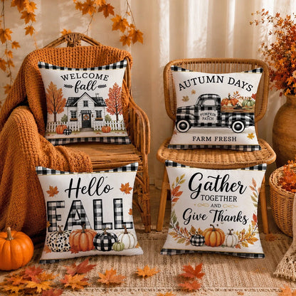 Autumn Black And White Plaid Pumpkin Truck Cabin Cushion Cover 4pcs Set, Single-Sided Printed Peach Skin Velvet Polyester Material, 45*45CM/18*18inch Pillowcase Suitable For Room Decoration, Modern Mi