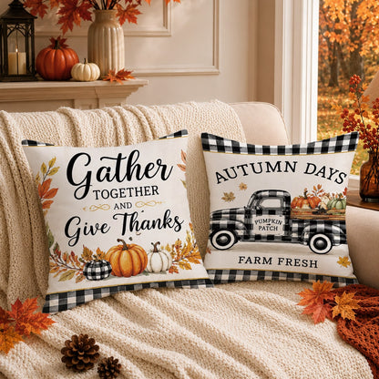 Autumn Black And White Plaid Pumpkin Truck Cabin Cushion Cover 4pcs Set, Single-Sided Printed Peach Skin Velvet Polyester Material, 45*45CM/18*18inch Pillowcase Suitable For Room Decoration, Modern Mi