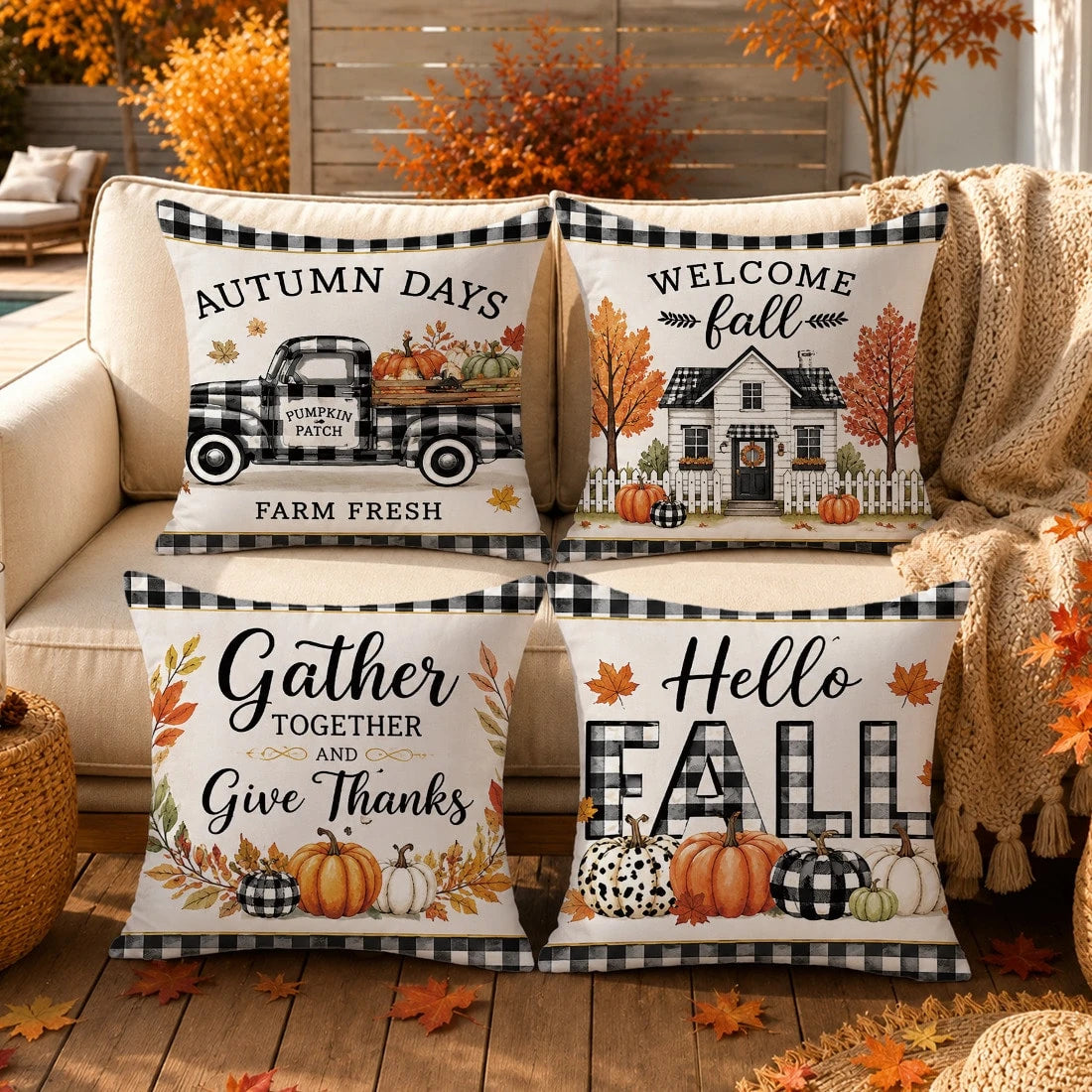 Autumn Black And White Plaid Pumpkin Truck Cabin Cushion Cover 4pcs Set, Single-Sided Printed Peach Skin Velvet Polyester Material, 45*45CM/18*18inch Pillowcase Suitable For Room Decoration, Modern Mi