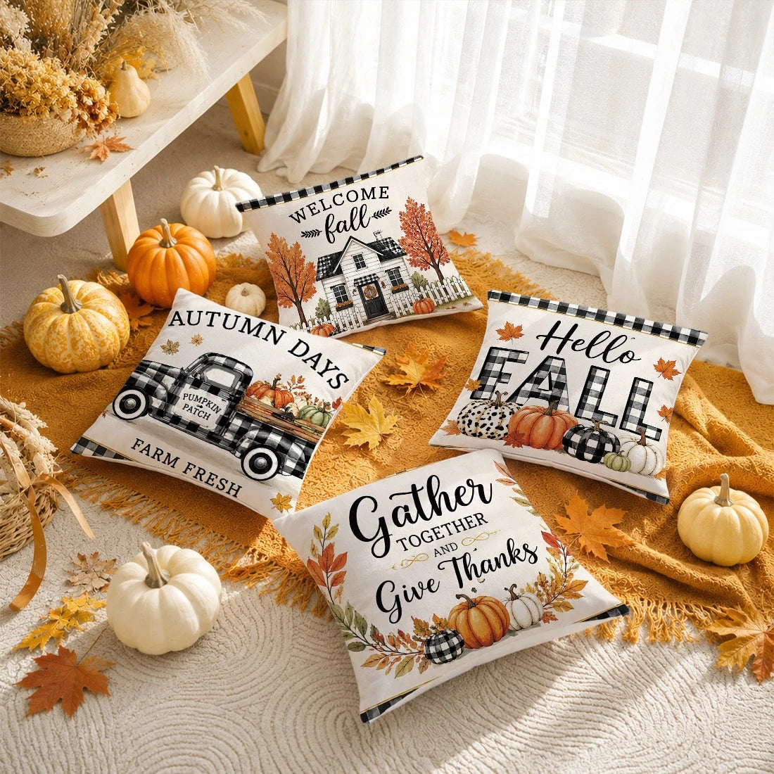 Autumn Black And White Plaid Pumpkin Truck Cabin Cushion Cover 4pcs Set, Single-Sided Printed Peach Skin Velvet Polyester Material, 45*45CM/18*18inch Pillowcase Suitable For Room Decoration, Modern Mi