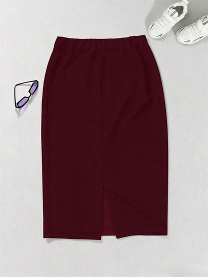 Autumn Commute Gemstone Rose Solid High Waist Pencil Skirt Professional Back To School