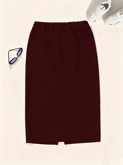 Autumn Commute Gemstone Rose Solid High Waist Pencil Skirt Professional Back To School