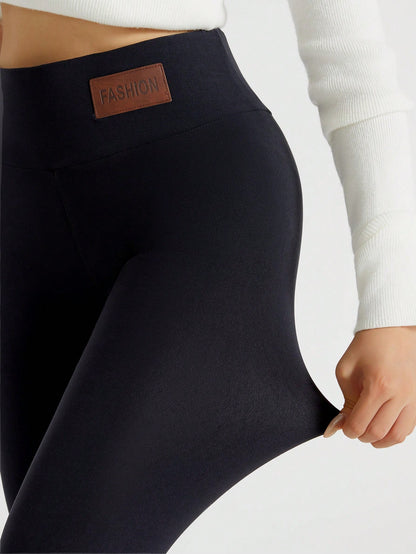 Autumn/Winter Thermal Lined Leggings, High Waist Skinny Pants, Elastic Sherpa Skinny Yoga Pants, Warm & Comfortable Black, Athleisure, Everyday Wear