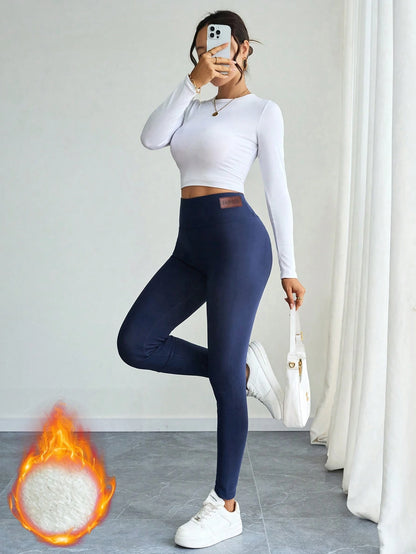 Autumn/Winter Thermal Lined Leggings, High Waist Skinny Pants, Elastic Sherpa Skinny Yoga Pants, Warm & Comfortable Black, Athleisure, Everyday Wear