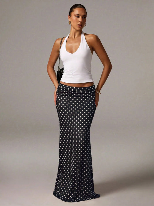 Avenya Women's Casual Everyday Knit Polka Dot Print Fishtail Hem Skirt