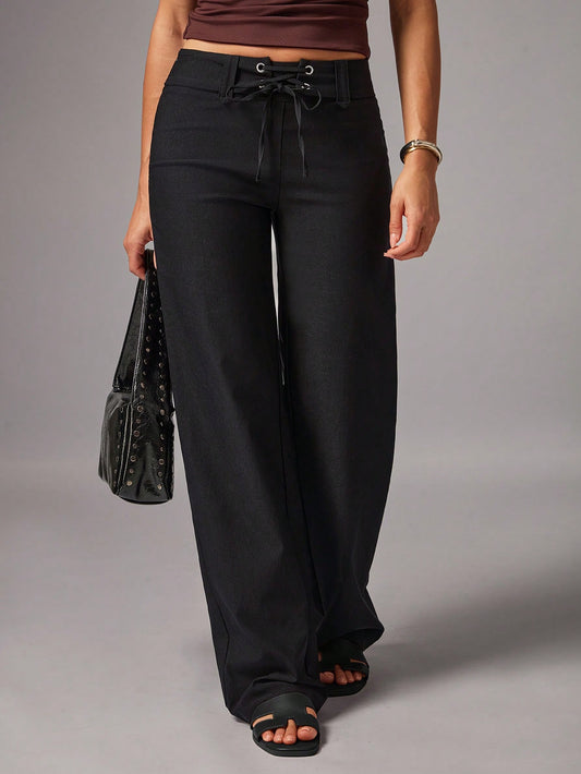 Avenya Women's Solid Color Eyelet Lace-Up Loose Straight Leg Pants
