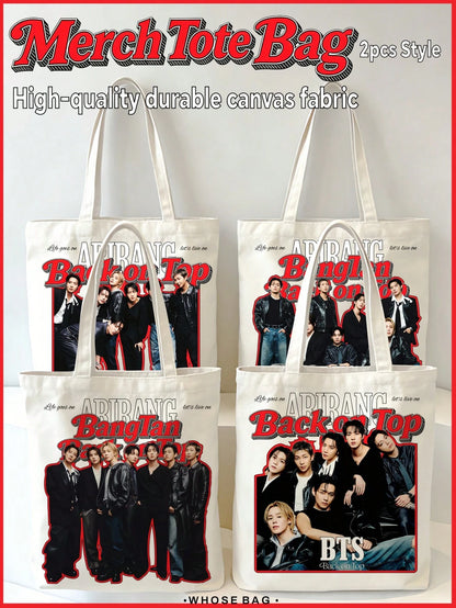 B-TS ARIRANG Tote Bags, J-H, V, JK Double-Sided Printed B-TS "Back On Top" ARIRANG Group Portrait Pattern Open-Top Casual Tote Bag, Suitable For ARMY Daily Use, Christmas Birthday Gift