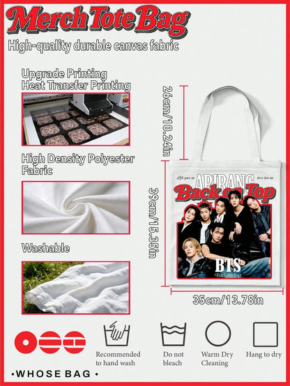 B-TS ARIRANG Tote Bags, J-H, V, JK Double-Sided Printed B-TS "Back On Top" ARIRANG Group Portrait Pattern Open-Top Casual Tote Bag, Suitable For ARMY Daily Use, Christmas Birthday Gift
