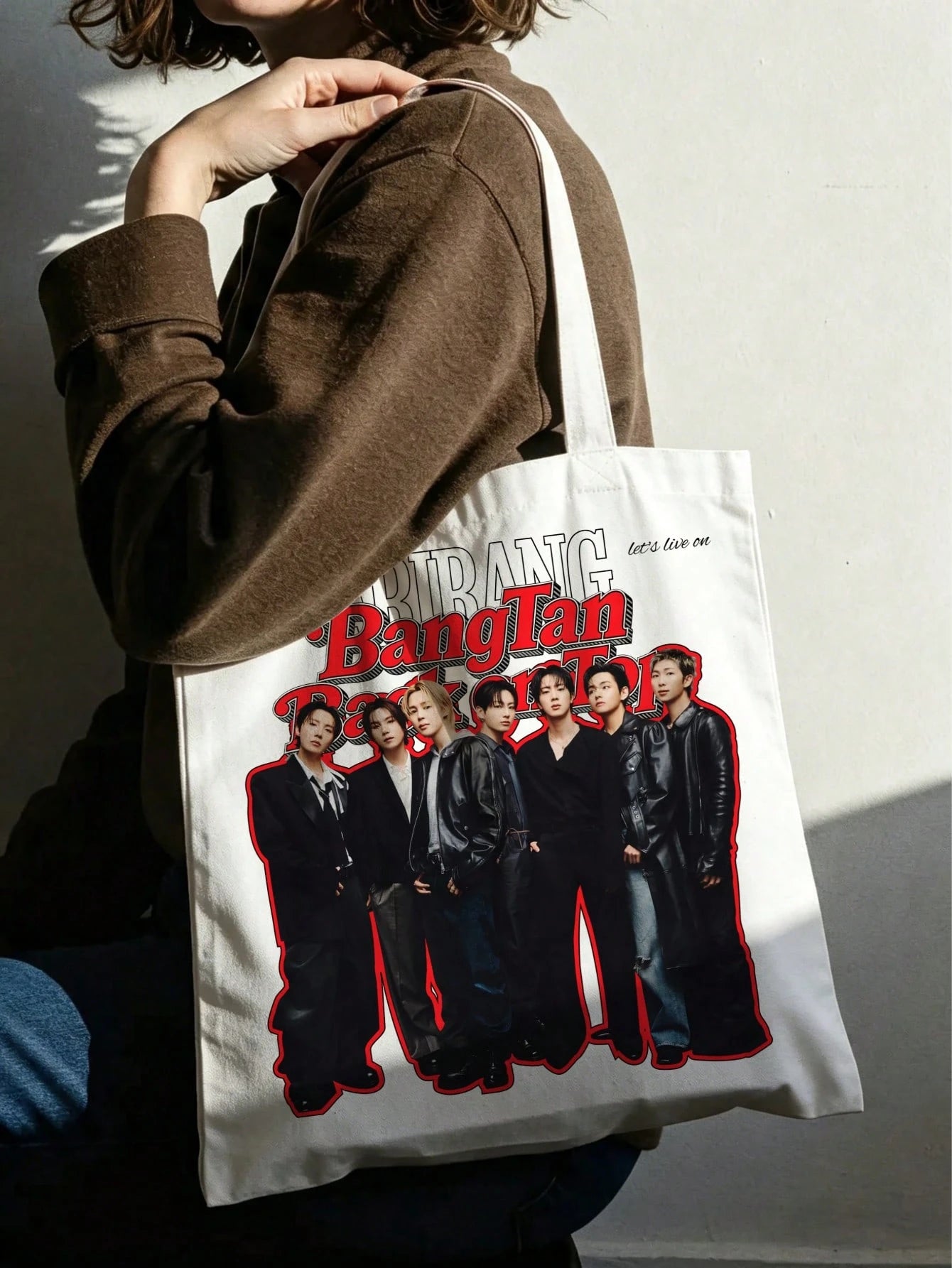 B-TS ARIRANG Tote Bags, J-H, V, JK Double-Sided Printed B-TS "Back On Top" ARIRANG Group Portrait Pattern Open-Top Casual Tote Bag, Suitable For ARMY Daily Use, Christmas Birthday Gift