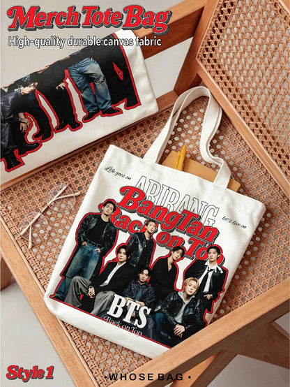 B-TS ARIRANG Tote Bags, J-H, V, JK Double-Sided Printed B-TS "Back On Top" ARIRANG Group Portrait Pattern Open-Top Casual Tote Bag, Suitable For ARMY Daily Use, Christmas Birthday Gift