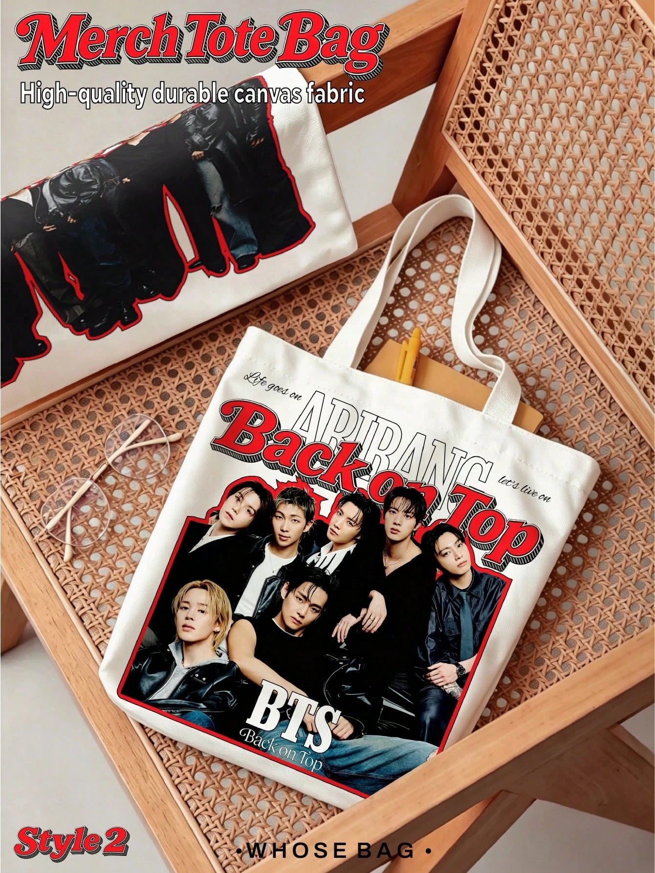 B-TS ARIRANG Tote Bags, J-H, V, JK Double-Sided Printed B-TS "Back On Top" ARIRANG Group Portrait Pattern Open-Top Casual Tote Bag, Suitable For ARMY Daily Use, Christmas Birthday Gift