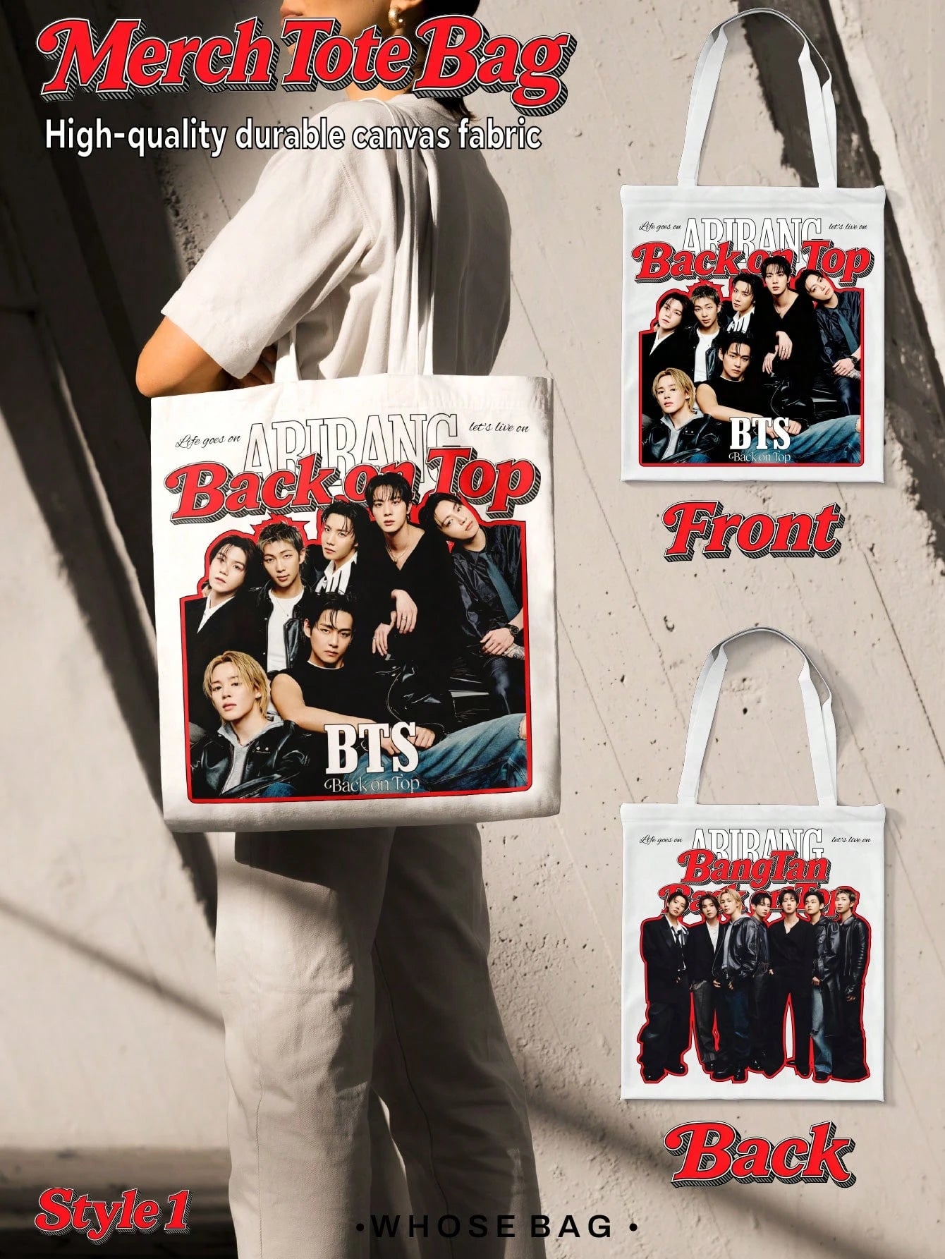 B-TS ARIRANG Tote Bags, J-H, V, JK Double-Sided Printed B-TS "Back On Top" ARIRANG Group Portrait Pattern Open-Top Casual Tote Bag, Suitable For ARMY Daily Use, Christmas Birthday Gift